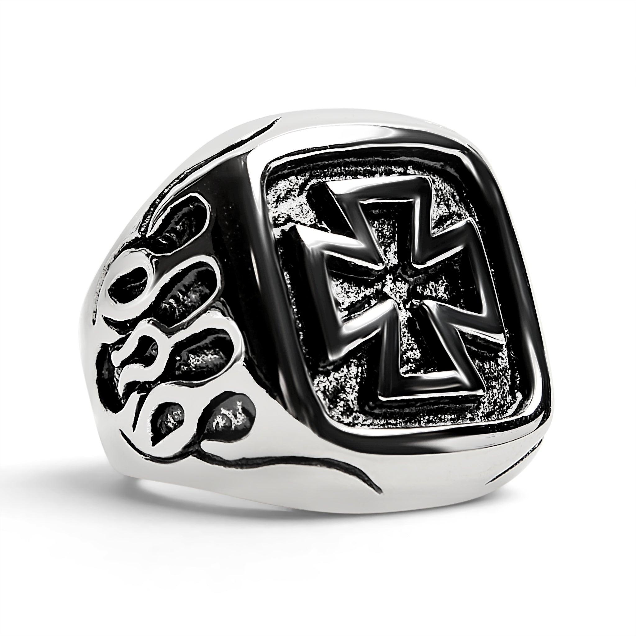 Stainless Steel Large Maltese Cross with Flame Accents Signet Ring