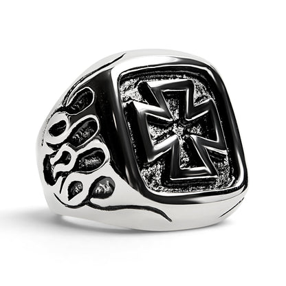 Stainless Steel Large Maltese Cross with Flame Accents Signet Ring