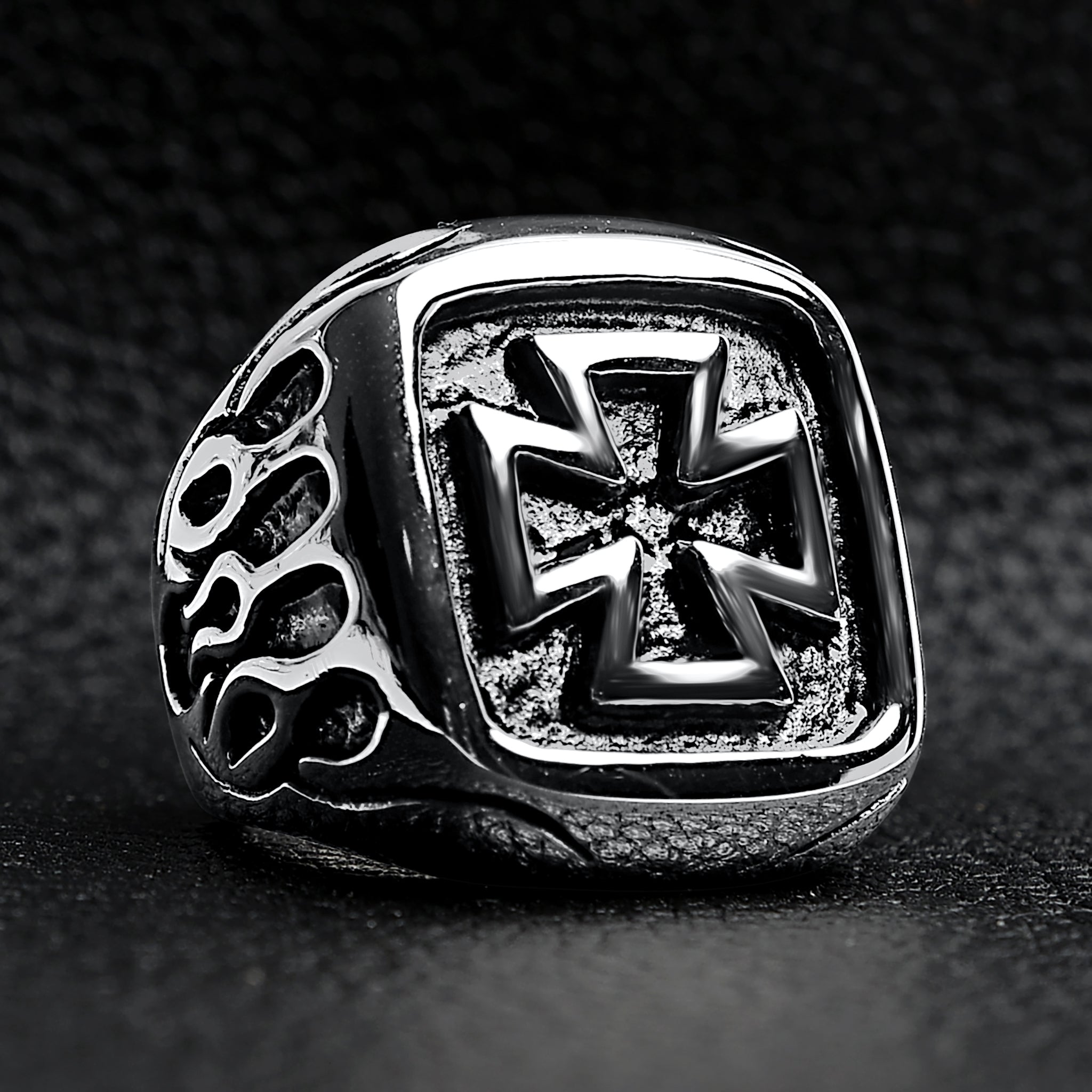 Stainless Steel Large Maltese Cross with Flame Accents Signet Ring
