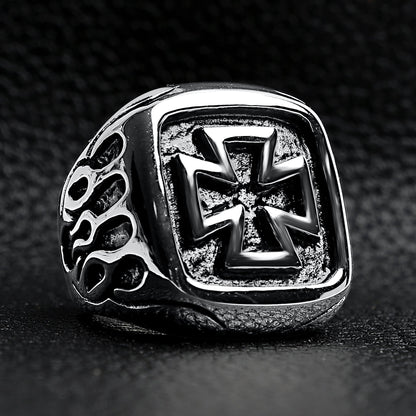 Stainless Steel Large Maltese Cross with Flame Accents Signet Ring
