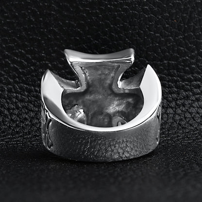 Large "13" Skull In Maltese Cross Stainless Steel Ring