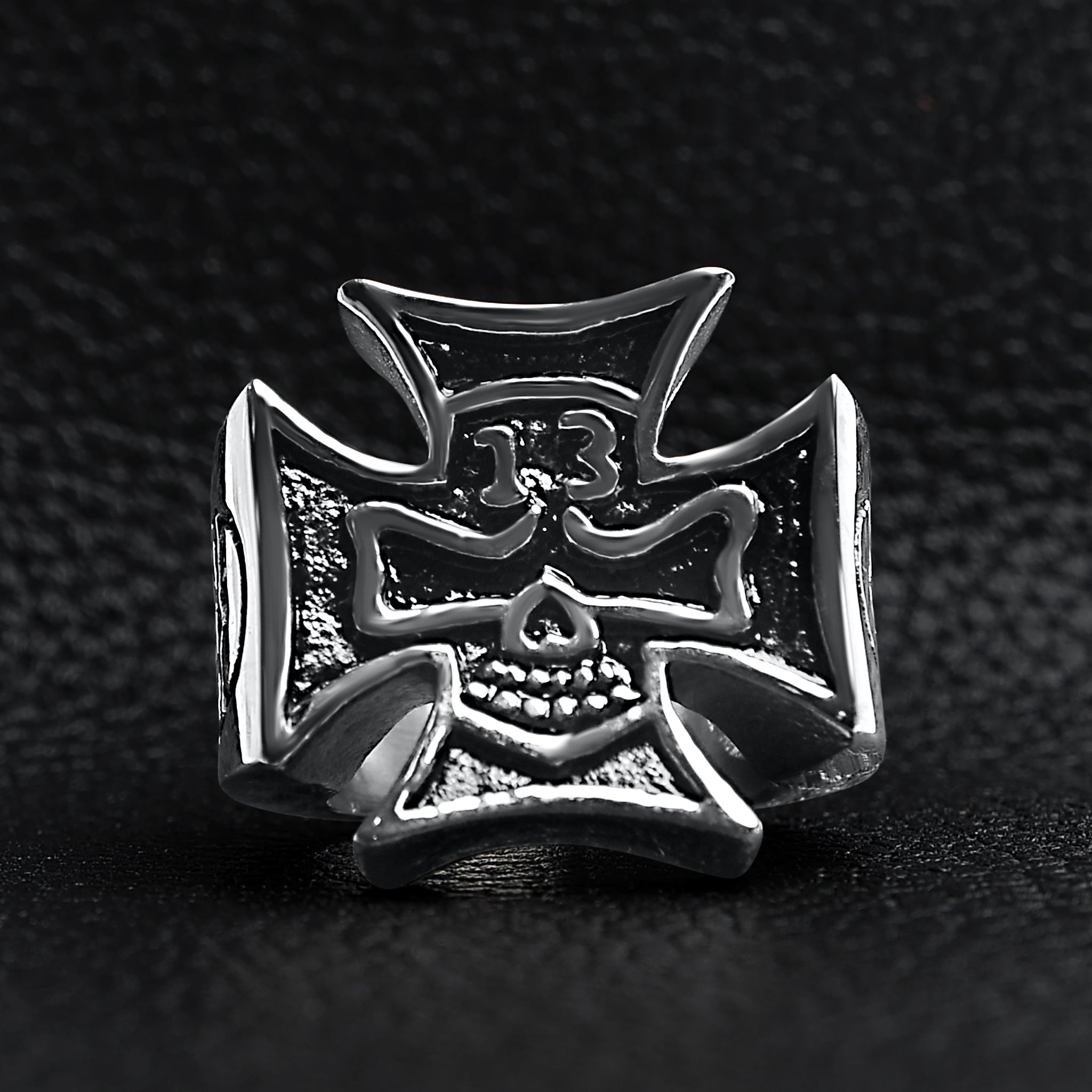 Large "13" Skull In Maltese Cross Stainless Steel Ring