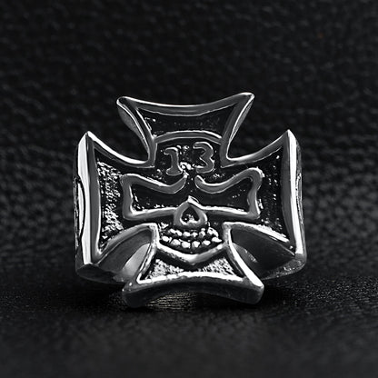 Large "13" Skull In Maltese Cross Stainless Steel Ring