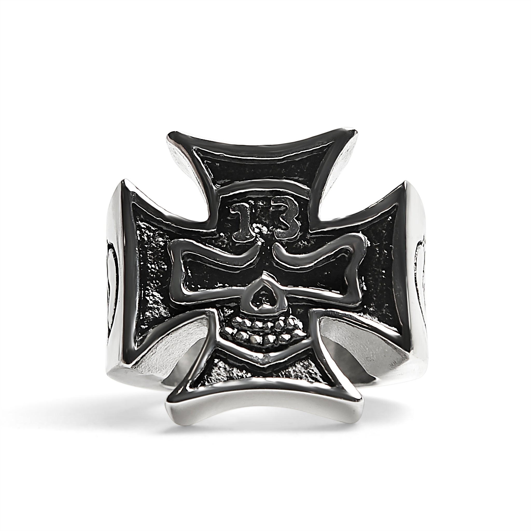 Large "13" Skull In Maltese Cross Stainless Steel Ring