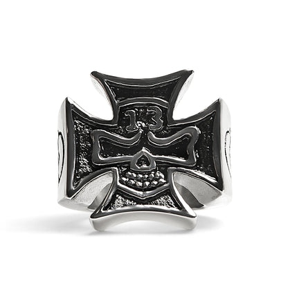 Large "13" Skull In Maltese Cross Stainless Steel Ring