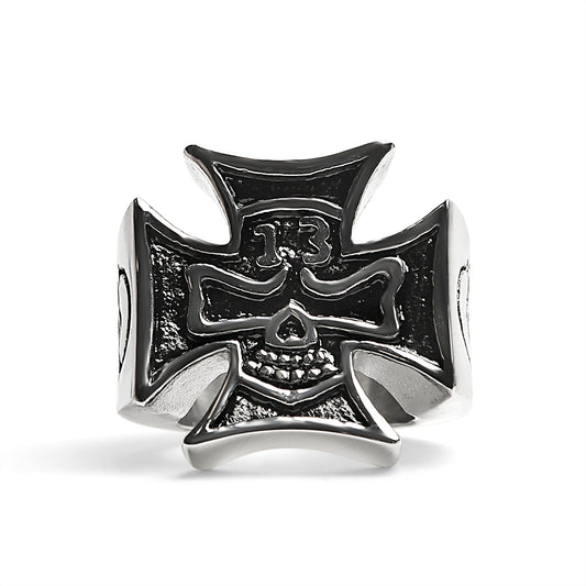Large "13" Skull In Maltese Cross Stainless Steel Ring