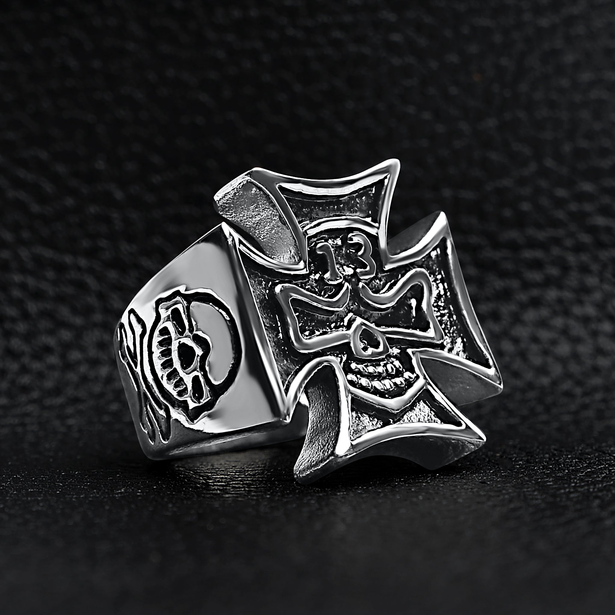 Large "13" Skull In Maltese Cross Stainless Steel Ring