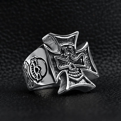 Large "13" Skull In Maltese Cross Stainless Steel Ring