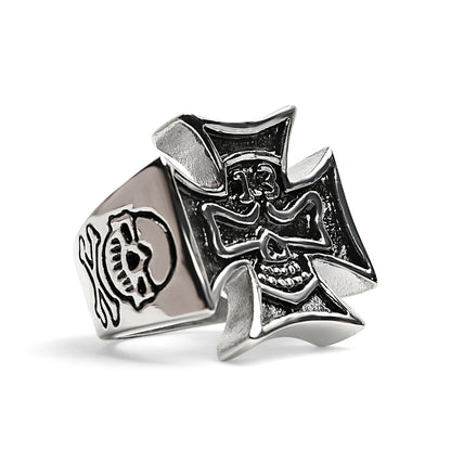 Large "13" Skull In Maltese Cross Stainless Steel Ring