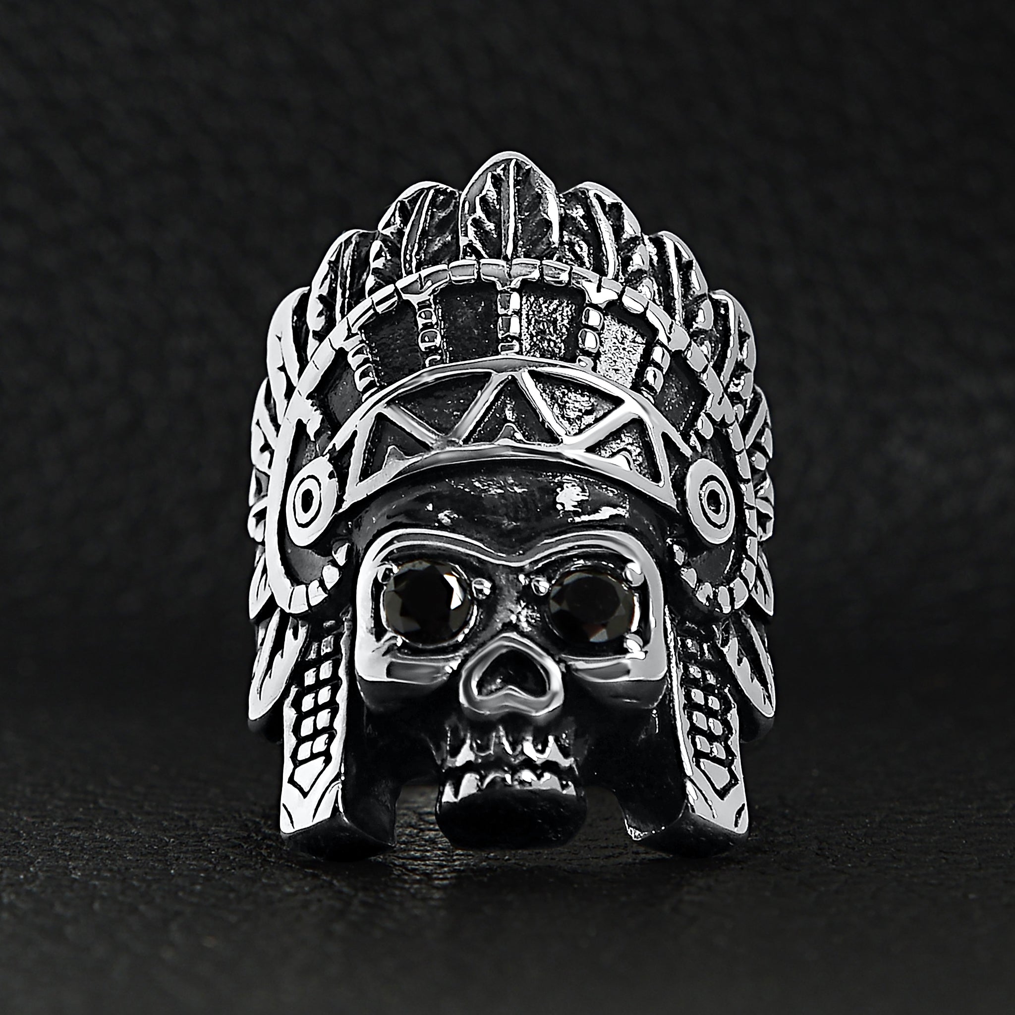Stainless Steel Black CZ Eyed Native American Chief Skull Ring