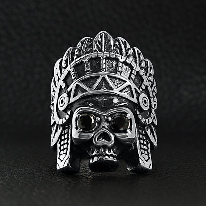 Stainless Steel Black CZ Eyed Native American Chief Skull Ring