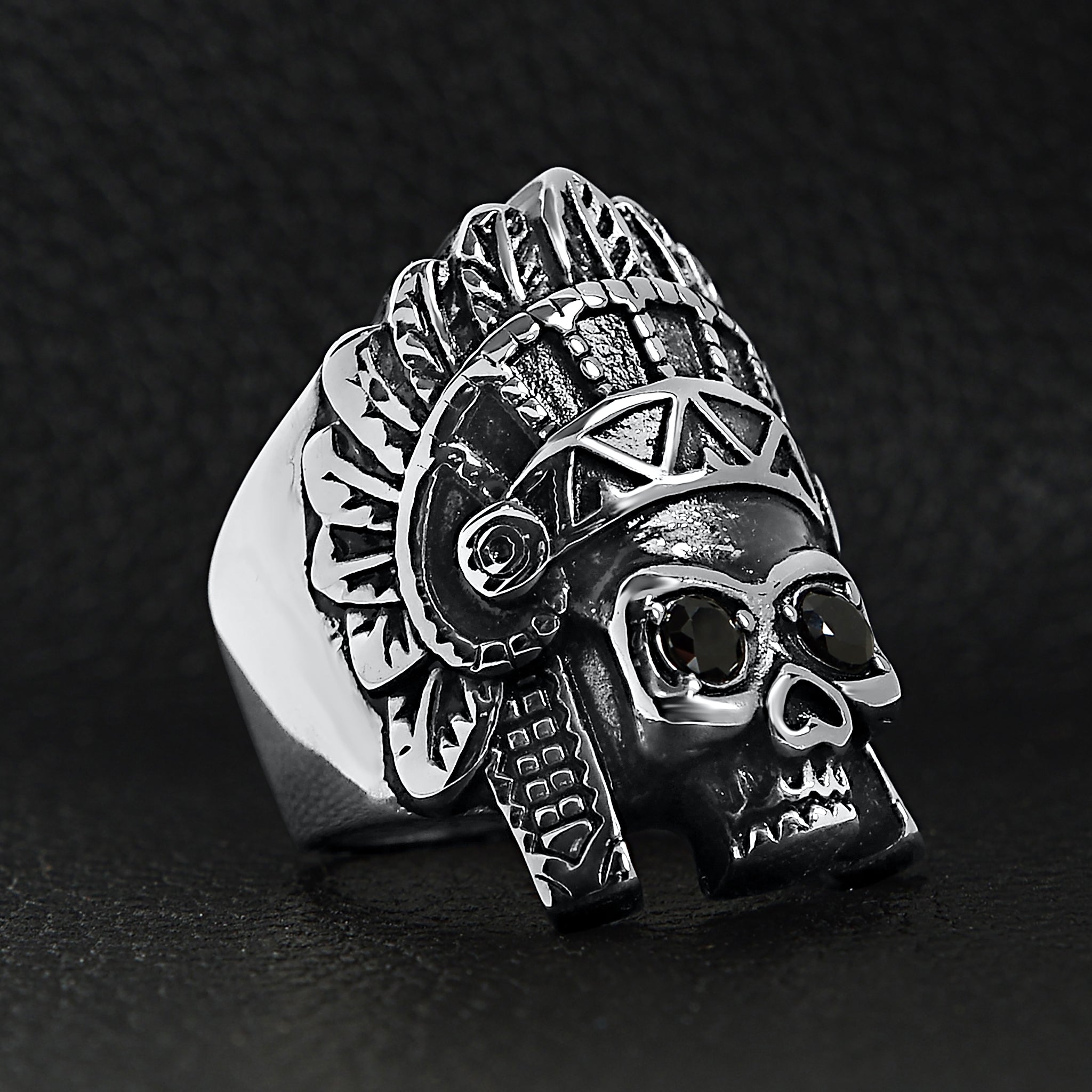 Stainless Steel Black CZ Eyed Native American Chief Skull Ring
