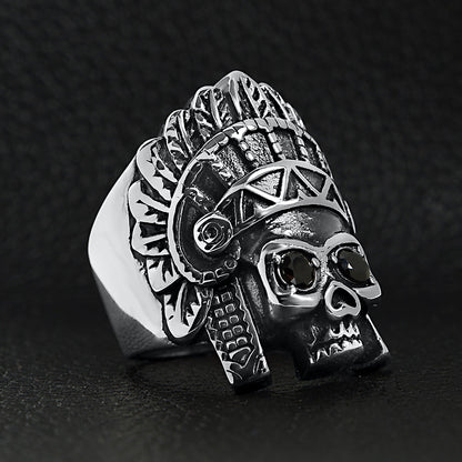 Stainless Steel Black CZ Eyed Native American Chief Skull Ring