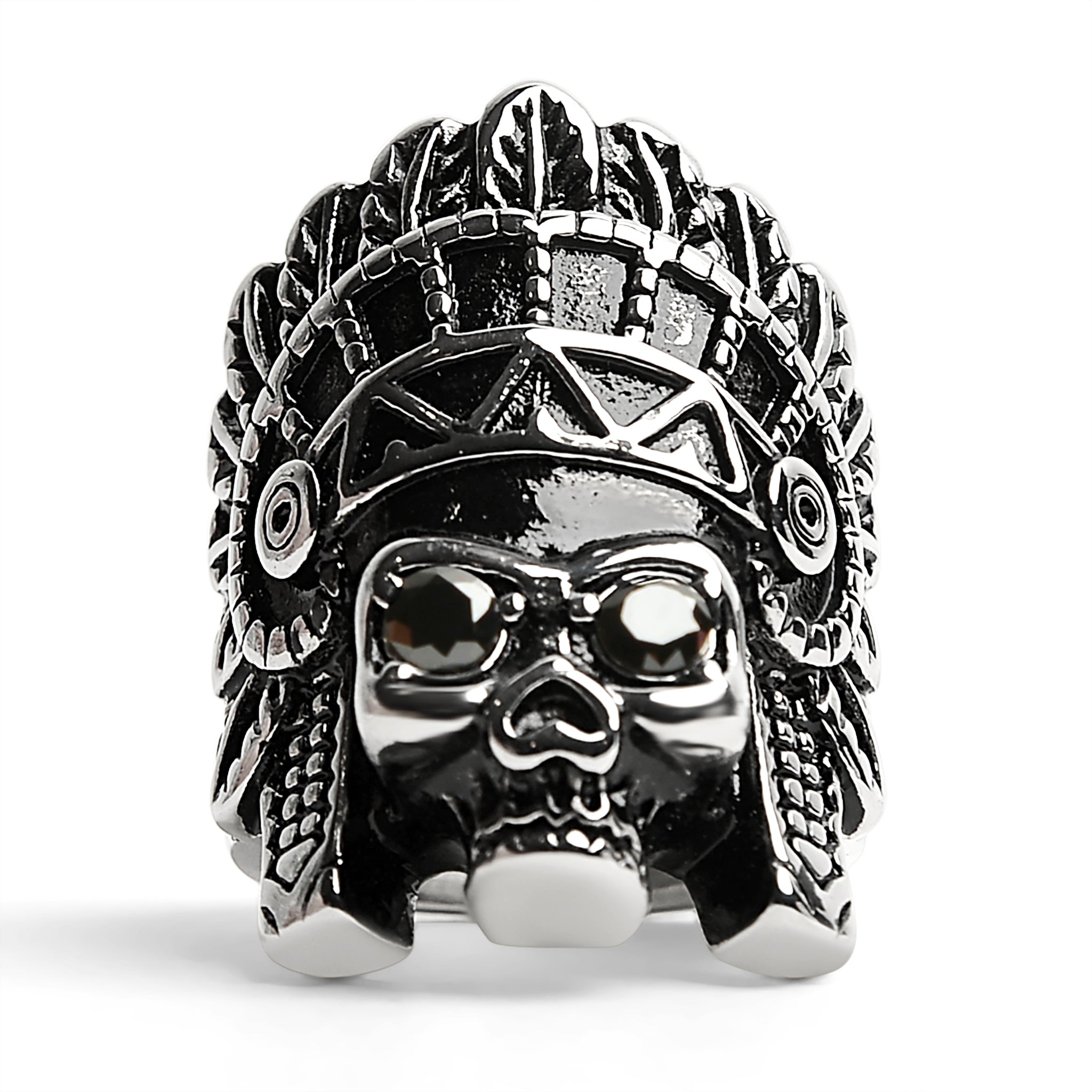 Stainless Steel Black CZ Eyed Native American Chief Skull Ring