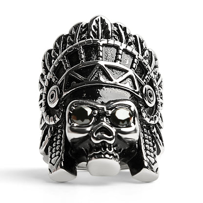 Stainless Steel Black CZ Eyed Native American Chief Skull Ring