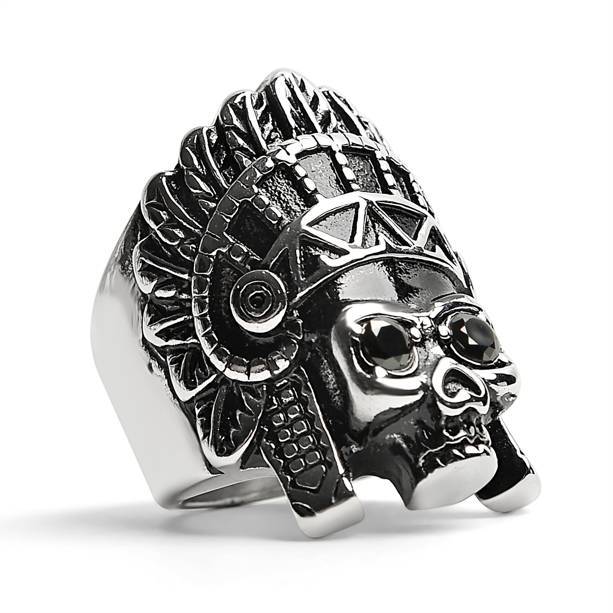 Stainless Steel Black CZ Eyed Native American Chief Skull Ring