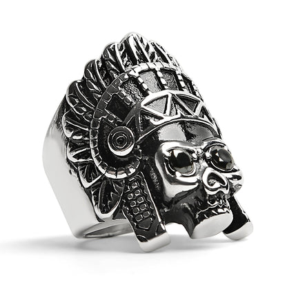 Stainless Steel Black CZ Eyed Native American Chief Skull Ring