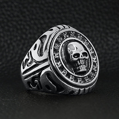 Stainless Steel Large Filigree Skull Signet Ring