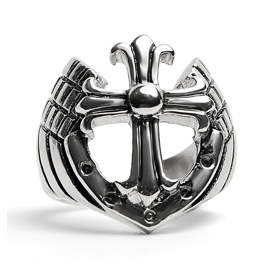 Detailed Cutout Cross Stainless Steel Ring