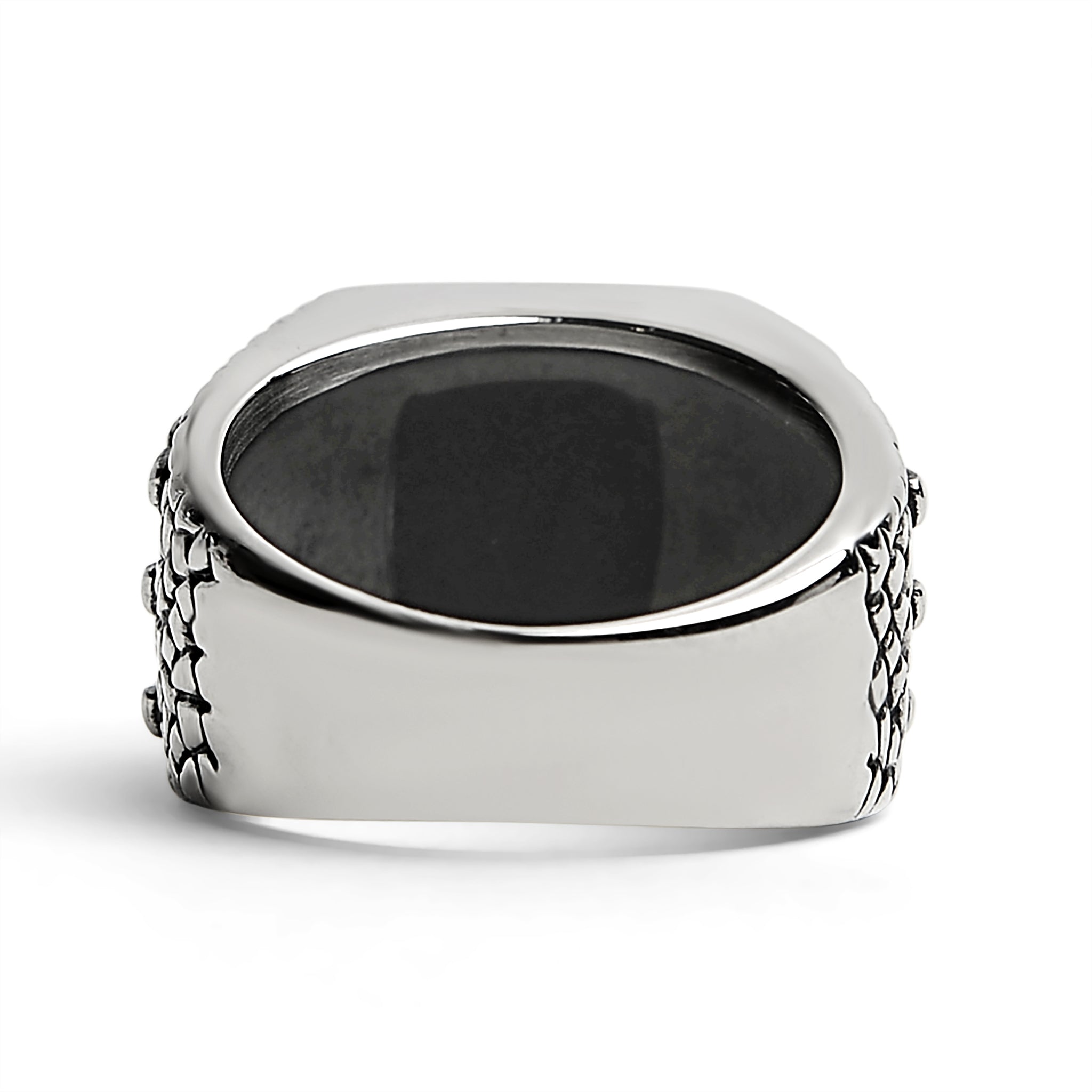 Detailed Cubed Center Black Stone Stainless Steel Ring