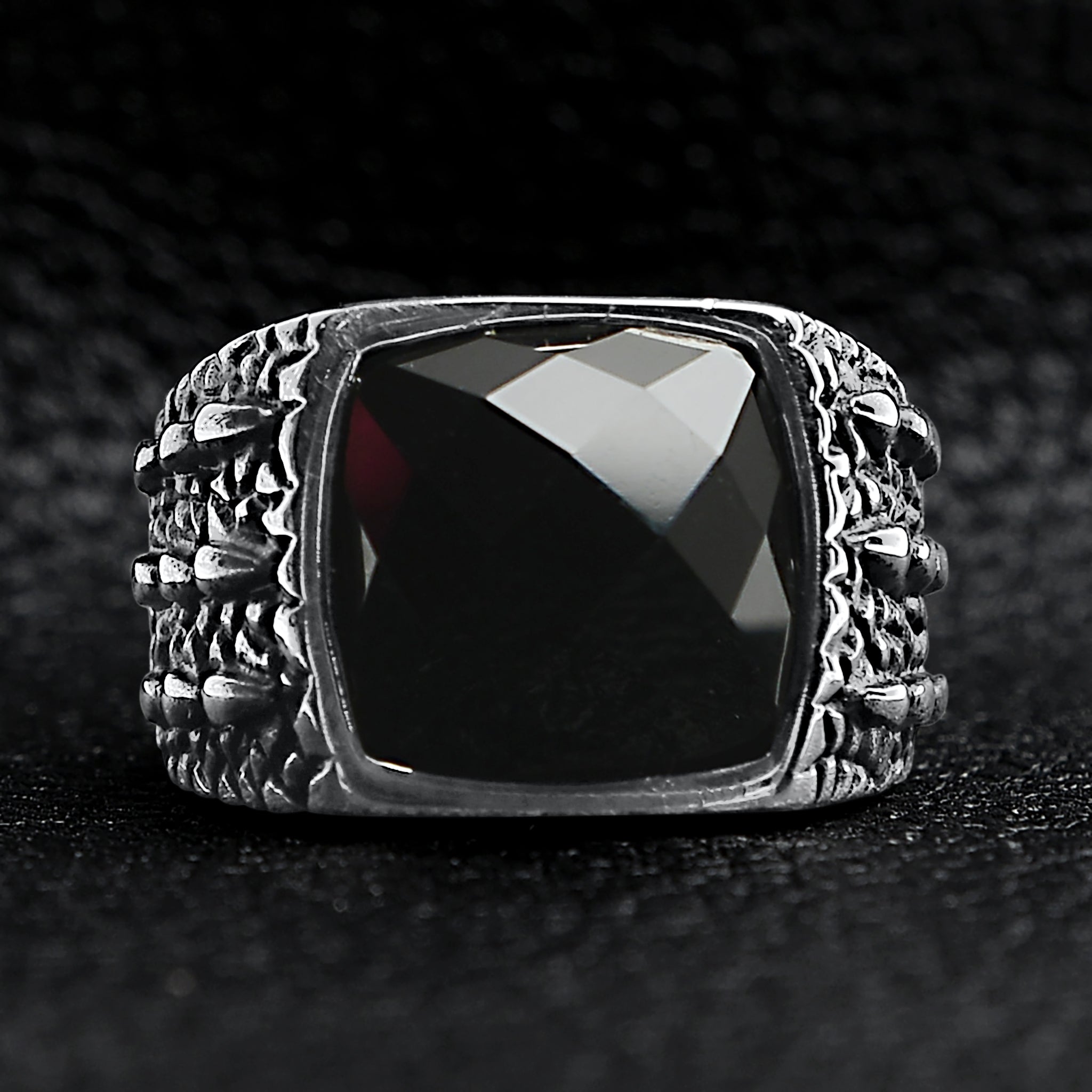 Detailed Cubed Center Black Stone Stainless Steel Ring