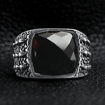 Detailed Cubed Center Black Stone Stainless Steel Ring
