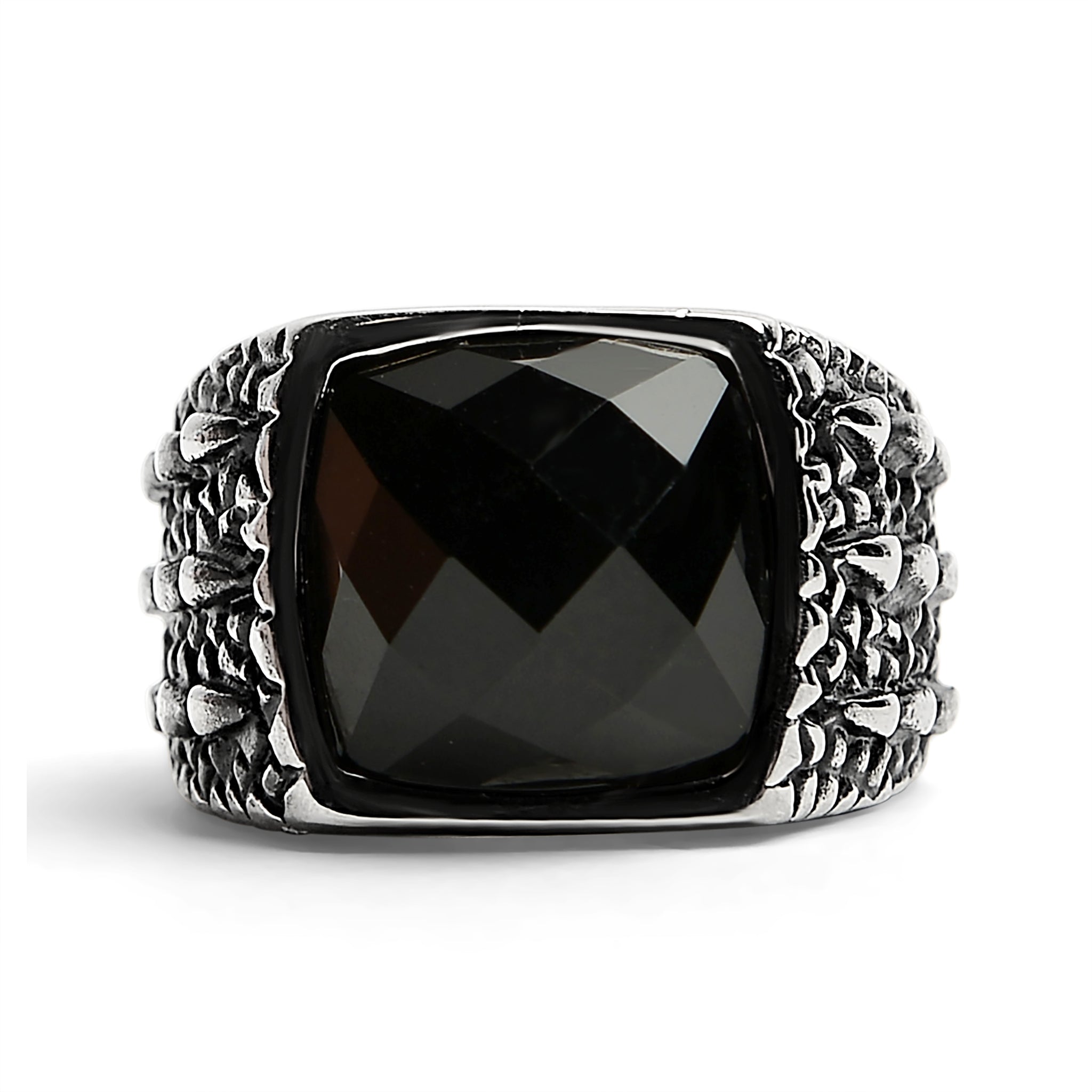 Detailed Cubed Center Black Stone Stainless Steel Ring