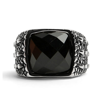 Detailed Cubed Center Black Stone Stainless Steel Ring
