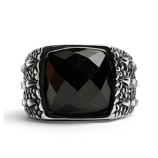 Detailed Cubed Center Black Stone Stainless Steel Ring