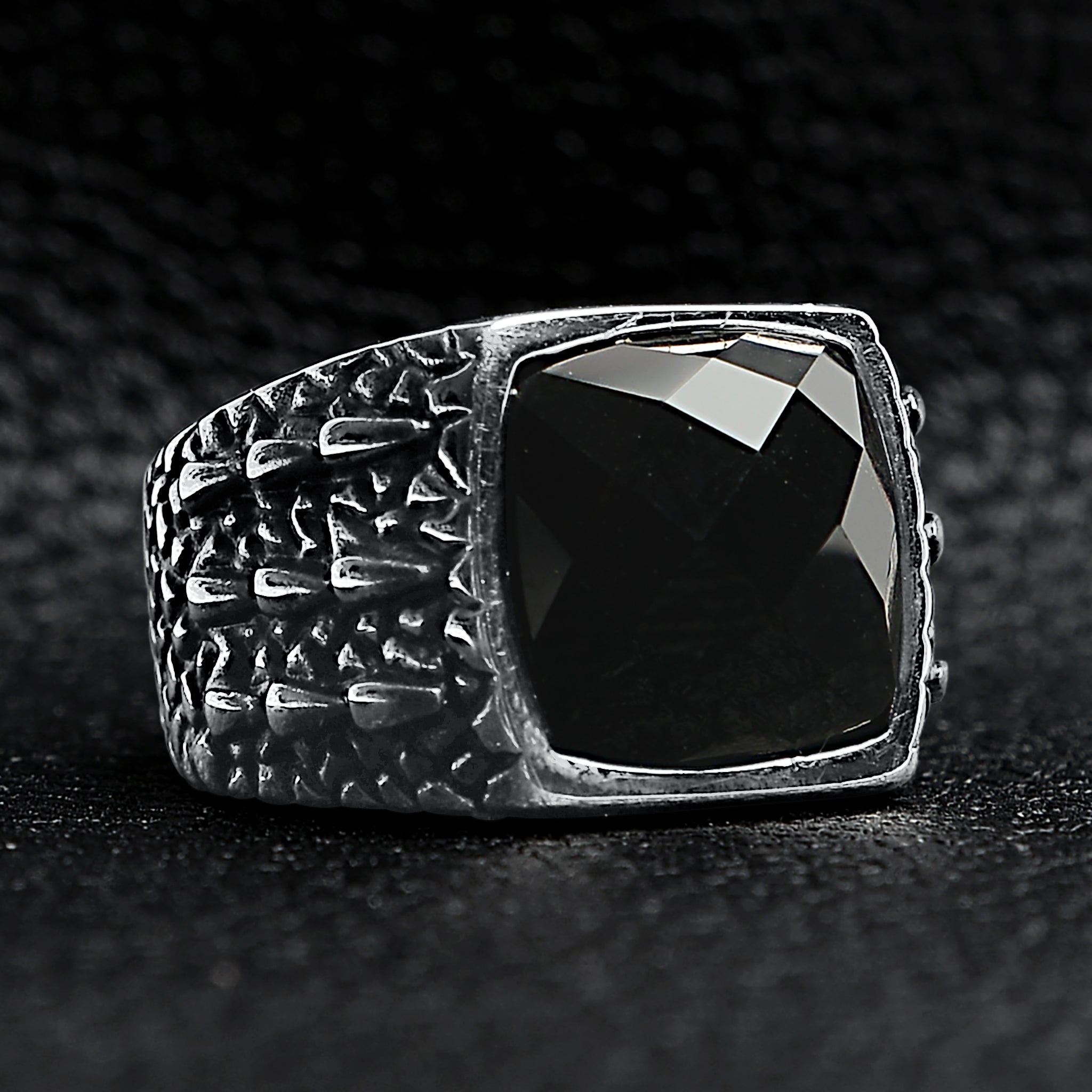 Detailed Cubed Center Black Stone Stainless Steel Ring