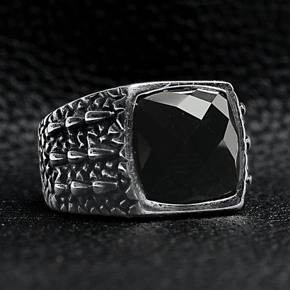 Detailed Cubed Center Black Stone Stainless Steel Ring