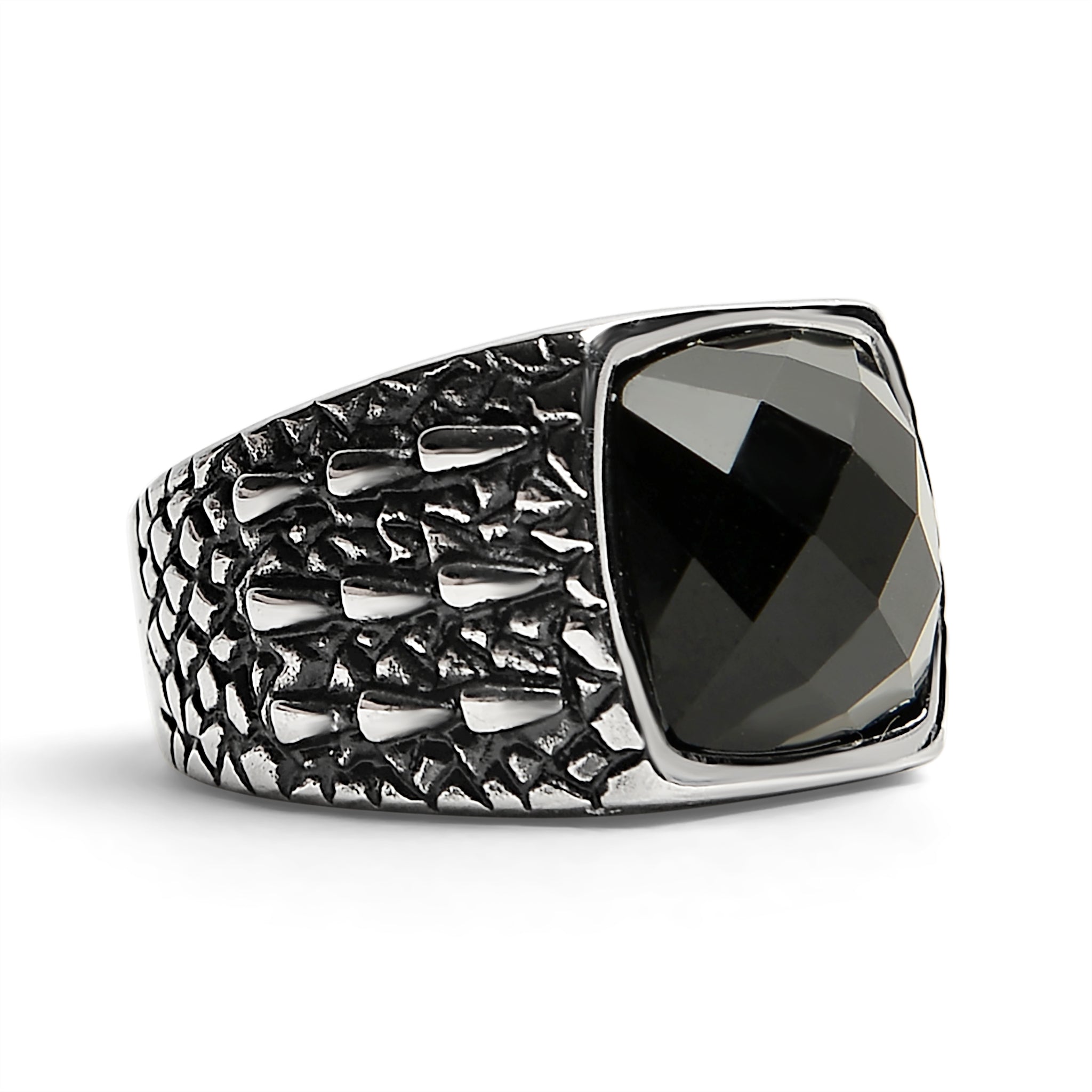 Detailed Cubed Center Black Stone Stainless Steel Ring