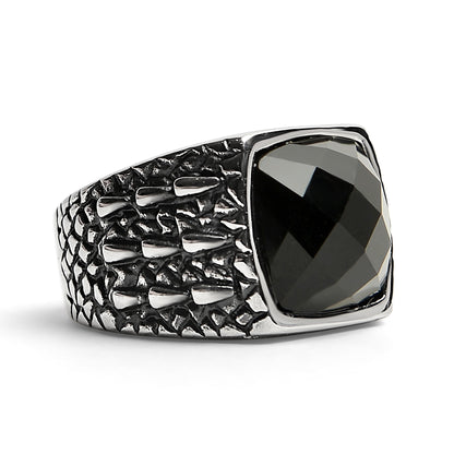 Detailed Cubed Center Black Stone Stainless Steel Ring