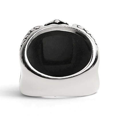 Detailed Black CZ Fleur De Lis Stone Stainless Steel Ring