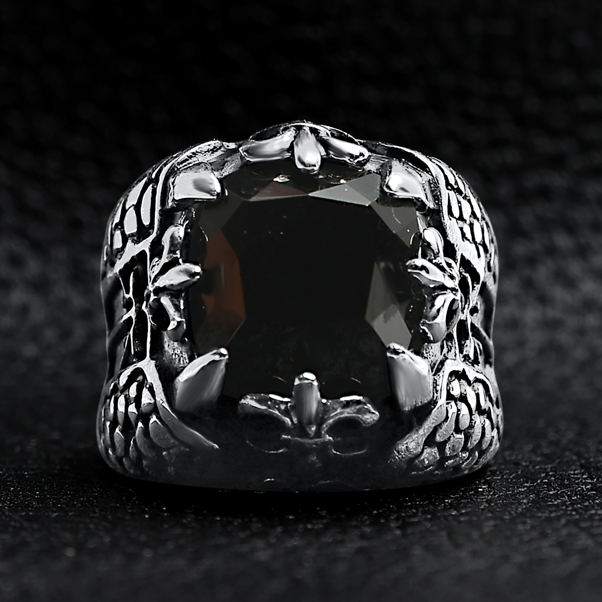 Detailed Black CZ Fleur De Lis Stone Stainless Steel Ring