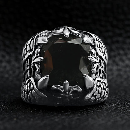 Detailed Black CZ Fleur De Lis Stone Stainless Steel Ring
