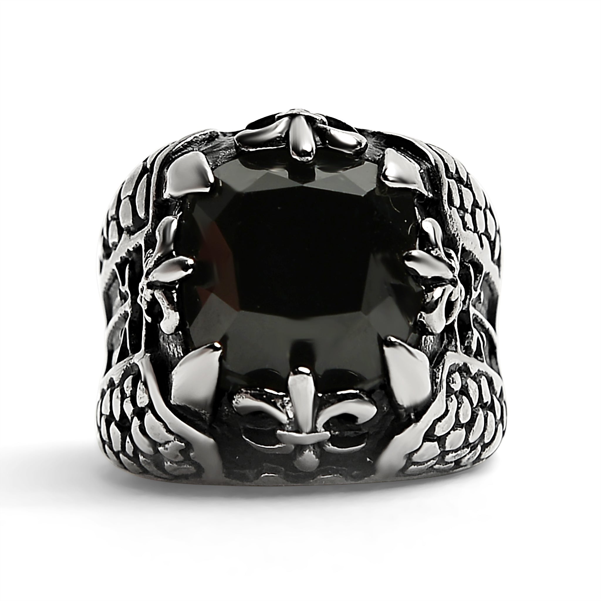 Detailed Black CZ Fleur De Lis Stone Stainless Steel Ring
