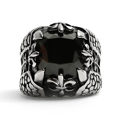 Detailed Black CZ Fleur De Lis Stone Stainless Steel Ring
