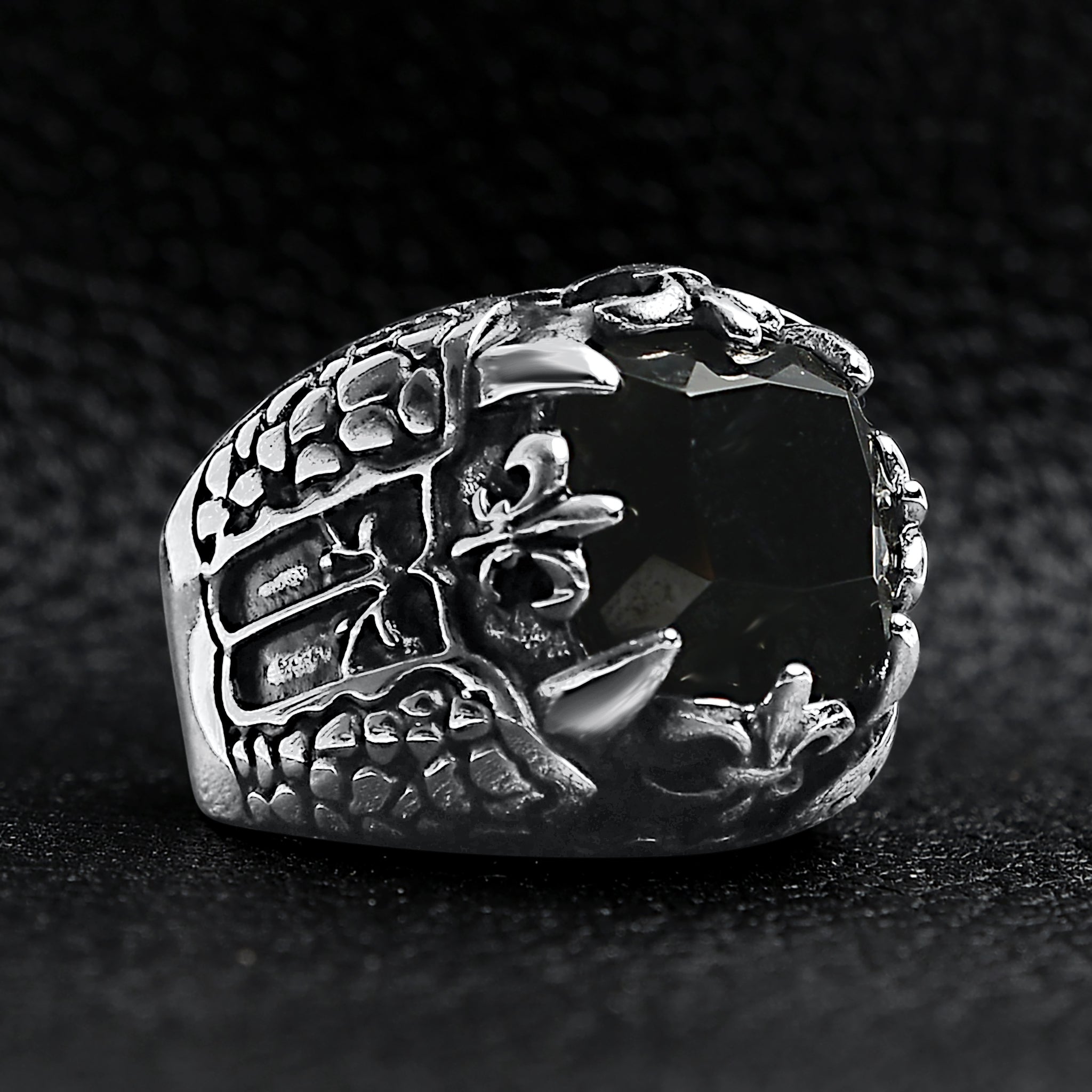 Detailed Black CZ Fleur De Lis Stone Stainless Steel Ring