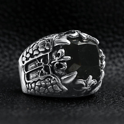 Detailed Black CZ Fleur De Lis Stone Stainless Steel Ring