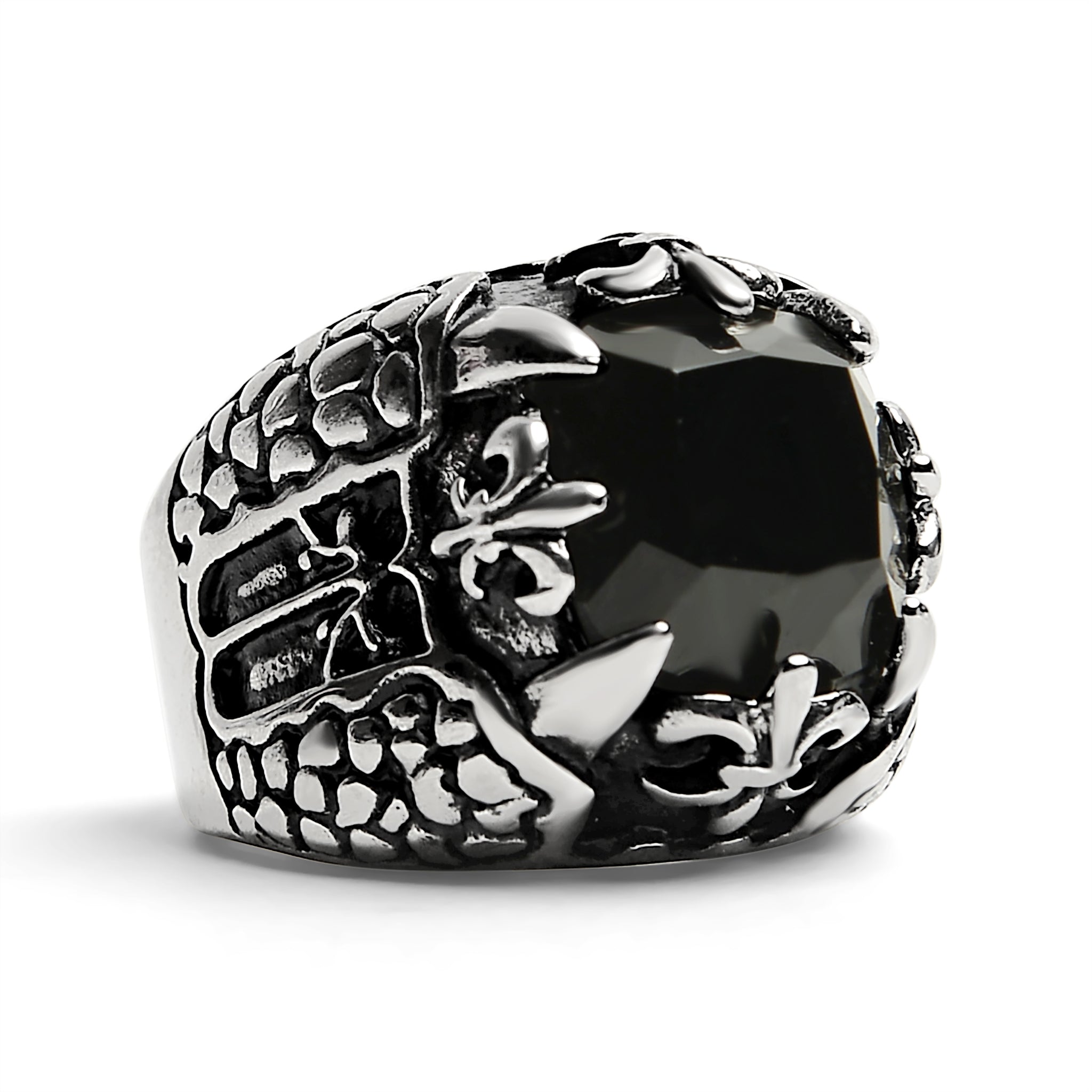 Detailed Black CZ Fleur De Lis Stone Stainless Steel Ring
