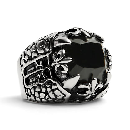 Detailed Black CZ Fleur De Lis Stone Stainless Steel Ring