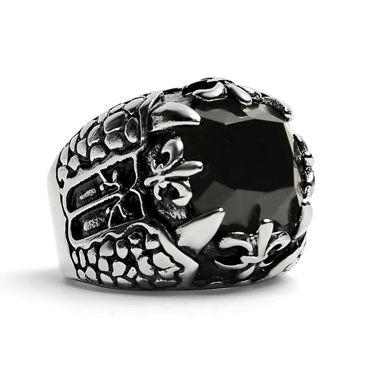 Detailed Black CZ Fleur De Lis Stone Stainless Steel Ring