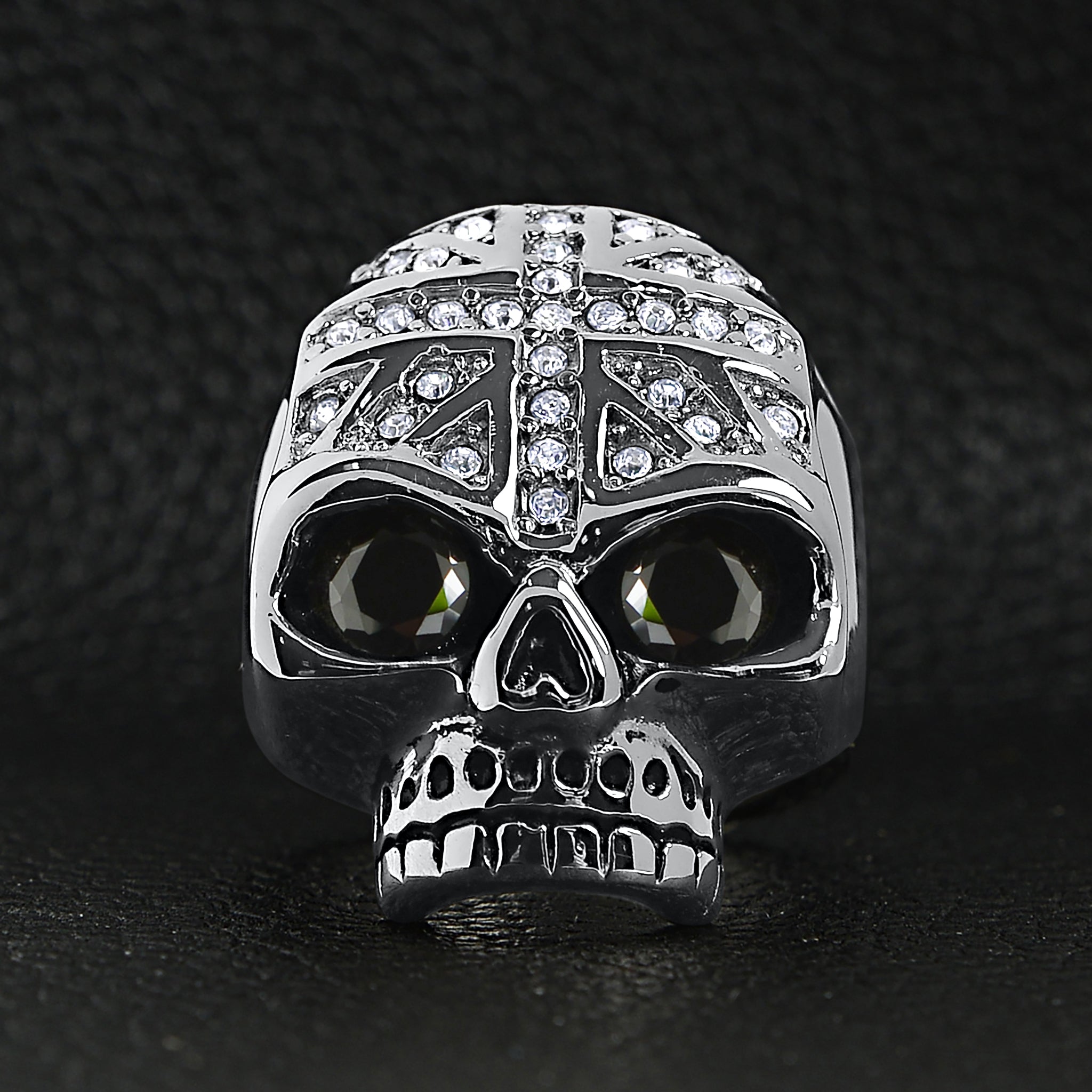 Stainless Steel Black CZ Eyed Skull With Clear CZ UK Flag Ring