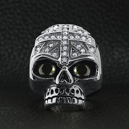 Stainless Steel Black CZ Eyed Skull With Clear CZ UK Flag Ring
