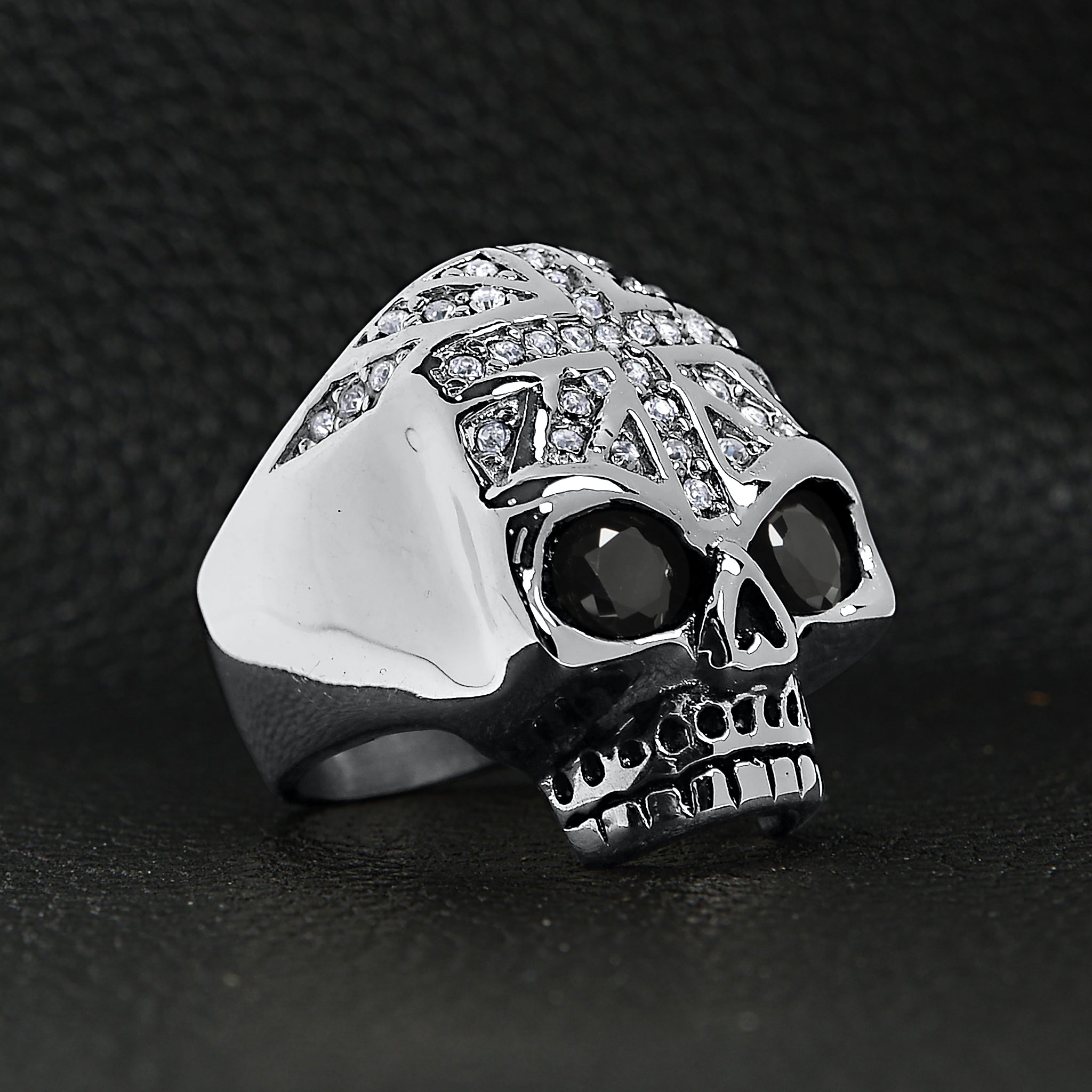 Stainless Steel Black CZ Eyed Skull With Clear CZ UK Flag Ring