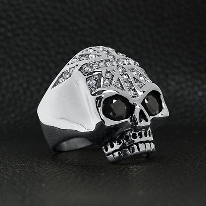 Stainless Steel Black CZ Eyed Skull With Clear CZ UK Flag Ring
