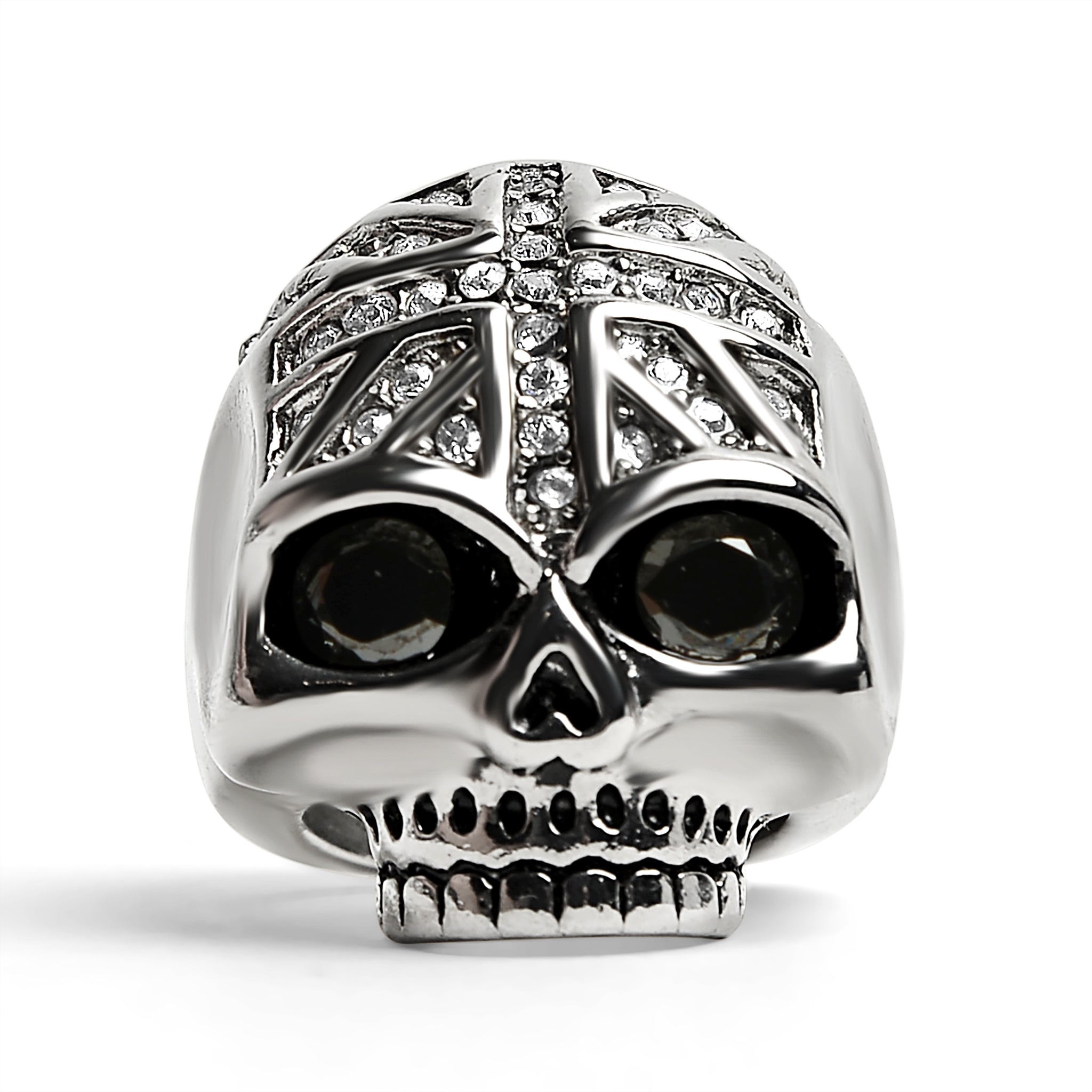 Stainless Steel Black CZ Eyed Skull With Clear CZ UK Flag Ring