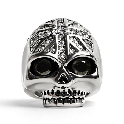 Stainless Steel Black CZ Eyed Skull With Clear CZ UK Flag Ring