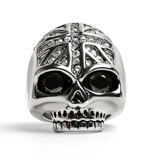 Stainless Steel Black CZ Eyed Skull With Clear CZ UK Flag Ring